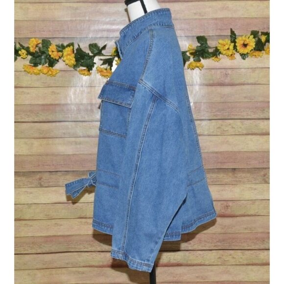 Wishlist Oversized Blue Denim Snap Button Front Jean Jacket Size S/M Belted - Picture 8 of 14